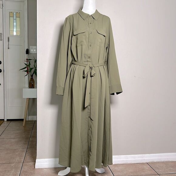 Alfani Olive Green Long Sleeve Button Down Shirt Dress Size 1X - Picture 1 of 11